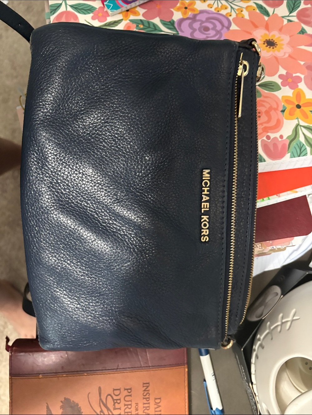 Michael Kors Navy Leather Crossbody with Gold Hardware